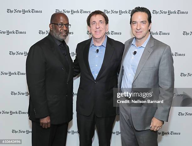 Bernard J. Tyson, Dean Ornish, Adam Bryant attend the New York Times Food For Tomorrow Conference 2016 on September 27, 2016 in Pocantico, New York.