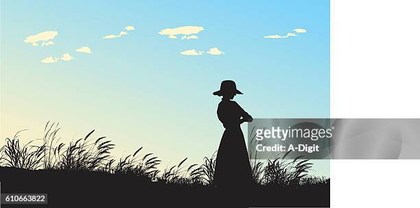 ilustraciones, imágenes clip art, dibujos animados e iconos de stock de cielos azules y campo abierto - amish woman