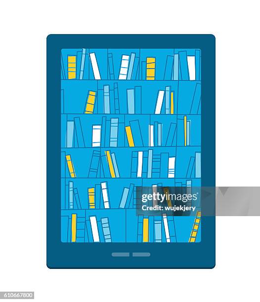 bookshelves with books on smartphone screen. digital library. - electronic library stock illustrations