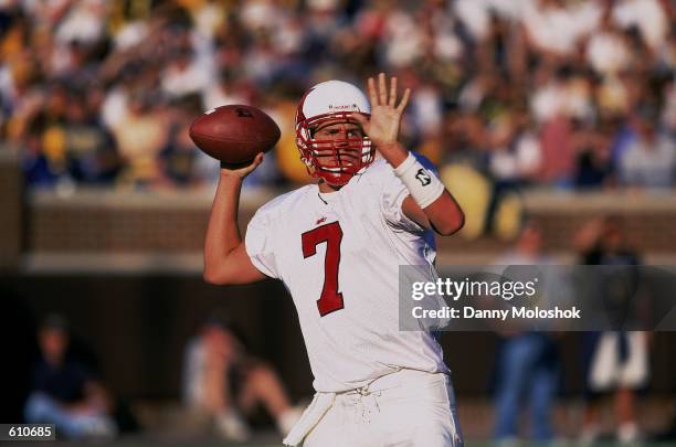 Quarterback Ben Roethlisberger of the Miami Ohio Redhawks throwing the ball during the game against the Michigan Wolverines at Michigan Stadium in...