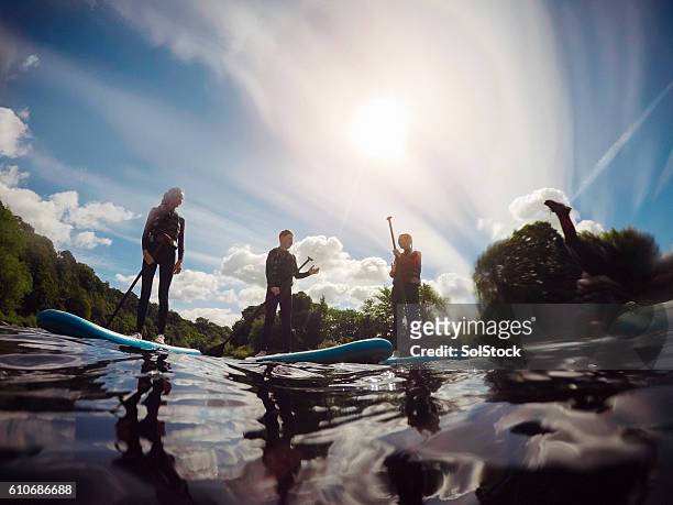 friends paddleboarding - life jacket stock pictures, royalty-free photos & images