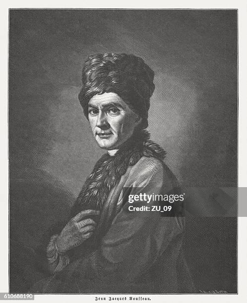 stockillustraties, clipart, cartoons en iconen met jean-jacques rousseau (1712-1778), genevan philosopher, wood engraving, published in 1882 - jean jacques rousseau