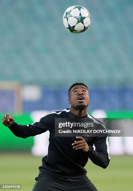 Paris Saint-Germain's Ivorian defender Serge Aurier practices during a training session at the Vassil Levski stadium in Sofia on September 27 on the...