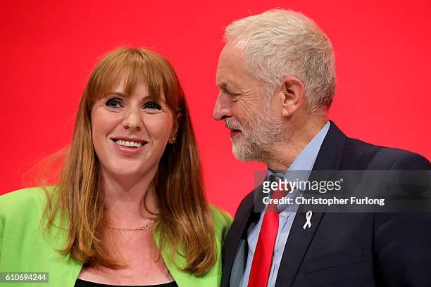 Shadow Education Secretary, Angela Rayner is congratulated by Labour Party leader Jeremy Corbyn after her keynote speech on September 27, 2016 in...