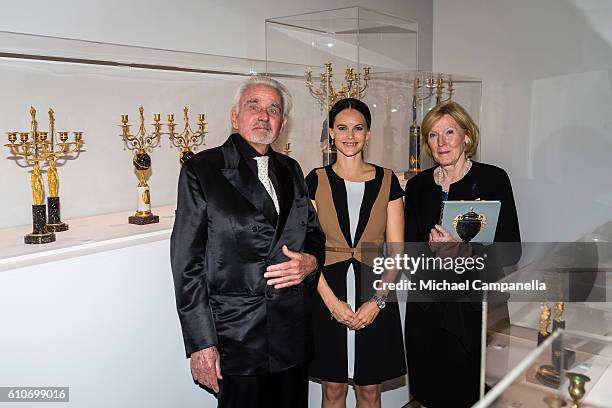 Sven-Harry Karlsson, Princess Sofia of Sweden, and Elsebeth Welander-Berggren attend the opening of the "Porphyry: The Royal Stone" exhibition at...