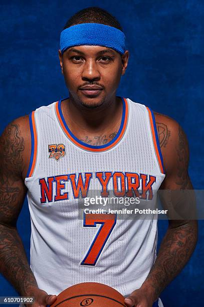 Carmelo Anthony of the New York Knicks poses for a portrait during media day at the Ritz Carlton in White Plains, New York on September 26, 2016....