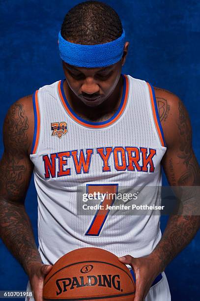 Carmelo Anthony of the New York Knicks poses for a portrait during media day at the Ritz Carlton in White Plains, New York on September 26, 2016....