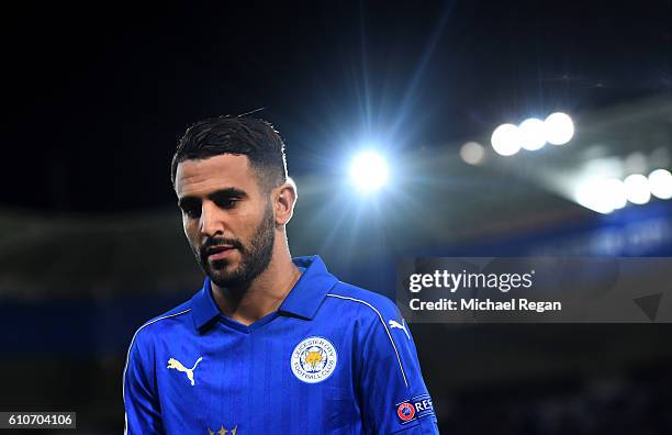 Riyad Mahrez of Leicester City looks on prior to the UEFA Champions League Group G match between Leicester City FC and FC Porto at The King Power...