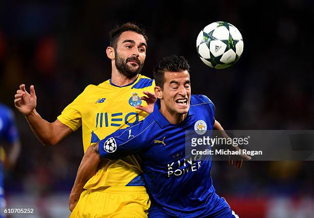 Silvestre Varela of FC Porto and Luis Hernandez of Leicester City battle for the ball during the UEFA Champions League Group G match between...
