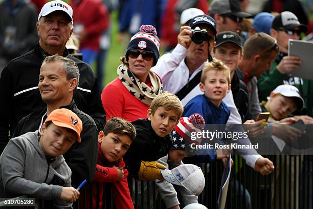 Fans await players during practice prior to the 2016 Ryder Cup at Hazeltine National Golf Club on September 27, 2016 in Chaska, Minnesota.