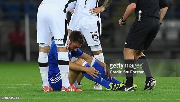 Injured Cardiff striker Rickie Lambert reacts before going off during the Sky Bet Championship match between Cardiff City and Derby County at Cardiff...