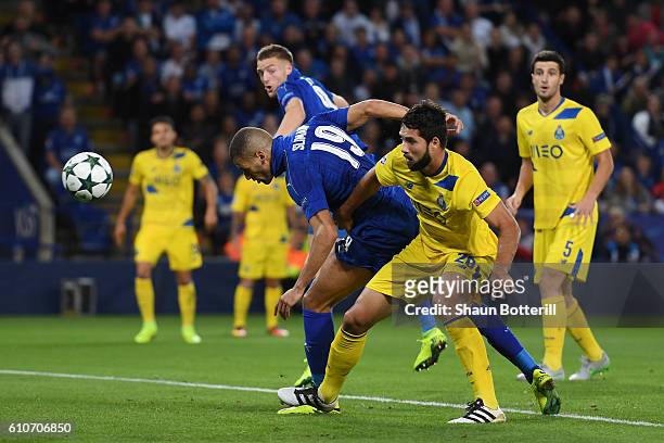 Islam Slimani of Leicester City scores their first goal during the UEFA Champions League Group G match between Leicester City FC and FC Porto at The...