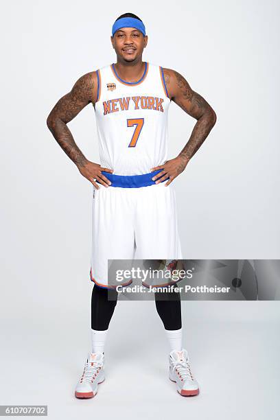 Carmelo Anthony of the New York Knicks poses for a portrait during media day at the Ritz Carlton in White Plains, New York on September 26, 2016....