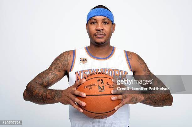 Carmelo Anthony of the New York Knicks poses for a portrait during media day at the Ritz Carlton in White Plains, New York on September 26, 2016....