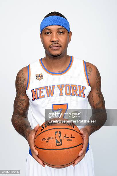 Carmelo Anthony of the New York Knicks poses for a portrait during media day at the Ritz Carlton in White Plains, New York on September 26, 2016....