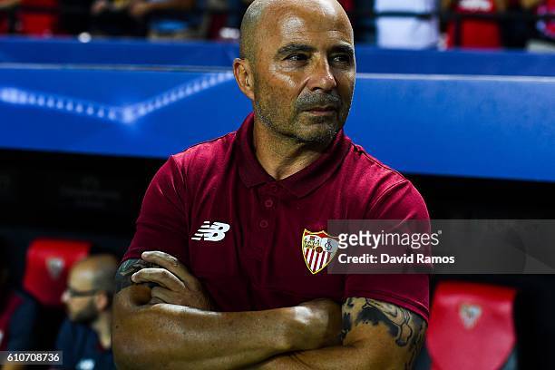 Head coach Jorge Sampaoli of Sevilla FC looks on prior to the UEFA Champions League Group H match between Sevilla FC and Olympique Lyonnais at the...
