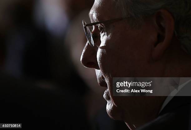Senate Majority Leader Sen. Mitch McConnell speaks during a news briefing after the Senate Republican weekly policy luncheon at the Capitol September...