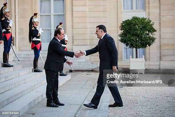 French President Francois Hollande receives Prime Minister of Libya Fayez El Sarraj ahead of a meeting and joint press conference at the Elysee...