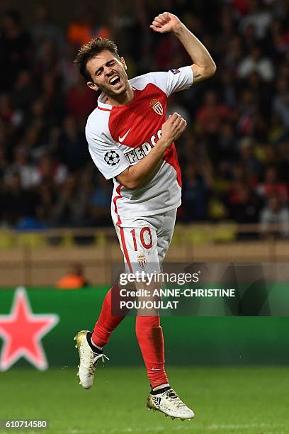 Monaco's Portuguese midfielder Bernardo Silva reacts after missing a goal opportunity during the UEFA Champions League football match AS Monaco vs...