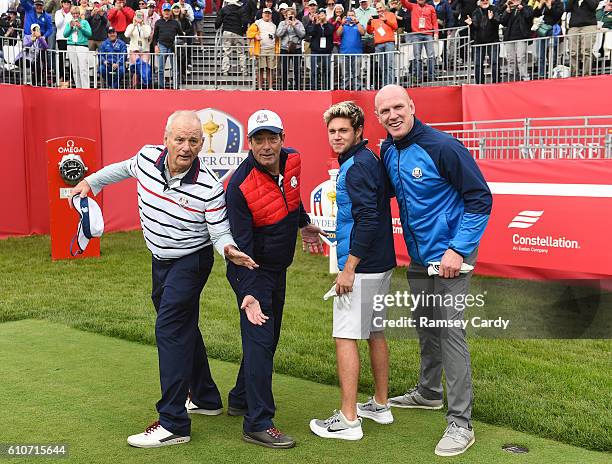 Minnesota , United States - 27 September 2016; One the 1st tee box, from left, actor Bill Murray, singer Huey Lewis, One Direction singer Niall Horan...