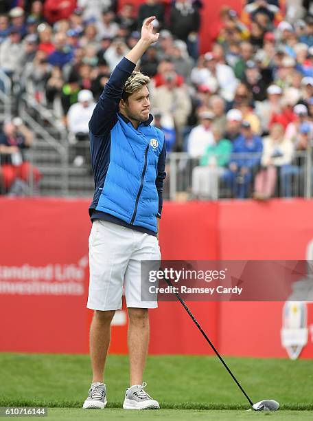 Minnesota , United States - 27 September 2016; One Direction singer Niall Horan acknowledges the gallery on the 1st tee box before their round of the...