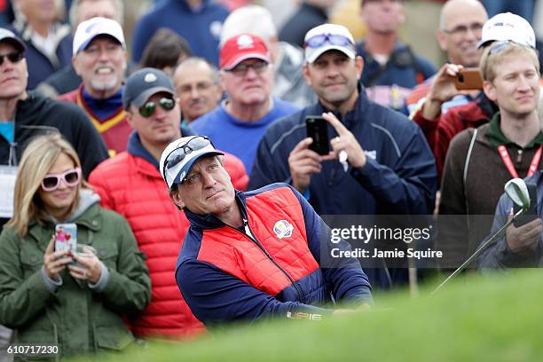 Hockey player Jeremy Roenick of the United States plays a shot during the 2016 Ryder Cup Celebrity Matches at Hazeltine National Golf Club on...