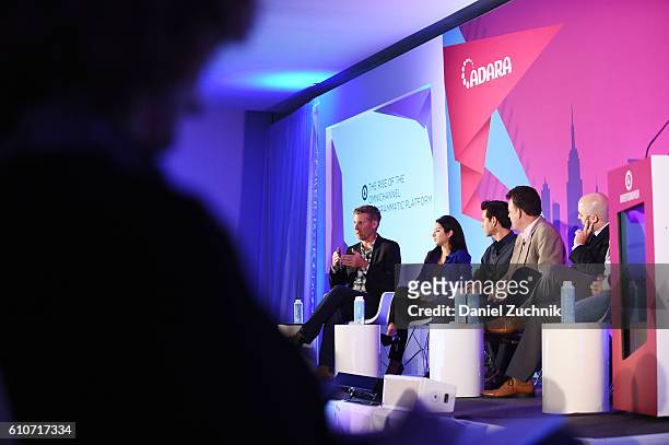 Tim Waddell, Stephanie Senna, Yannis Dosios, John Snyder and Mike Romoff speak onstage at the The Rise of the Omnichannel Programmatic Platform on...