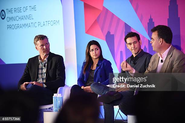 Tim Waddell, Stephanie Senna, Yannis Dosios and John Snyder speak onstage at the The Rise of the Omnichannel Programmatic Platform on the ADARA Stage...