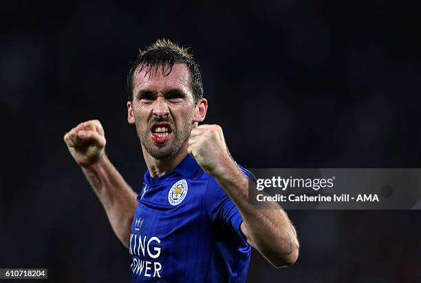 Christian Fuchs of Leicester City celebrates the win after the UEFA Champions League match between Leicester City FC and FC Porto at The King Power...