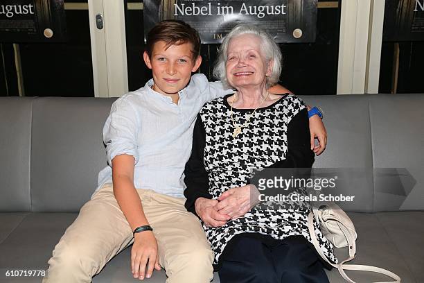 Ivo Pietzcker and Amalie Speidl, sister of Ernst Lossa, during the premiere of the film 'Nebel im August' at City Kino on September 27, 2016 in...