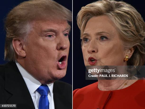In this Combination of pictures taken on September 26 Republican nominee Donald Trump and Democratic nominee Hillary Clinton face off during the...