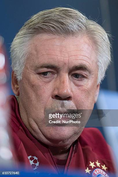 Head coach of Bayern Munich Carlo Ancelotti during a press conference ahead of UEFA Champions League football match between Atletico Madrid and...
