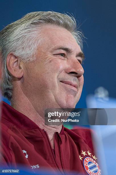 Head coach of Bayern Munich Carlo Ancelotti during a press conference ahead of UEFA Champions League football match between Atletico Madrid and...