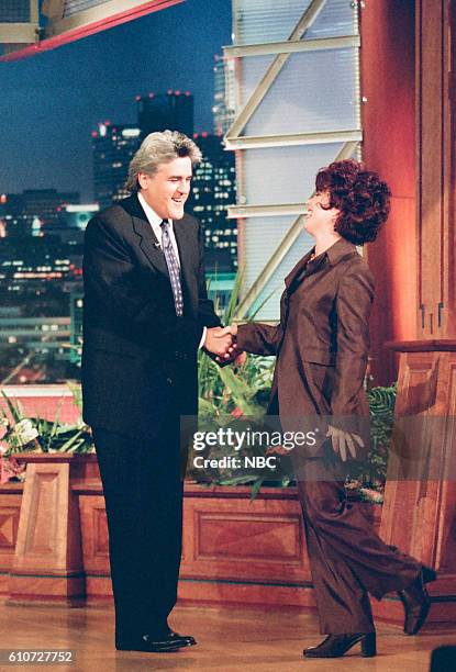 Episode 1163 -- Pictured: Host Jay Leno greets actress Ruby Wax on June 5, 1997 --