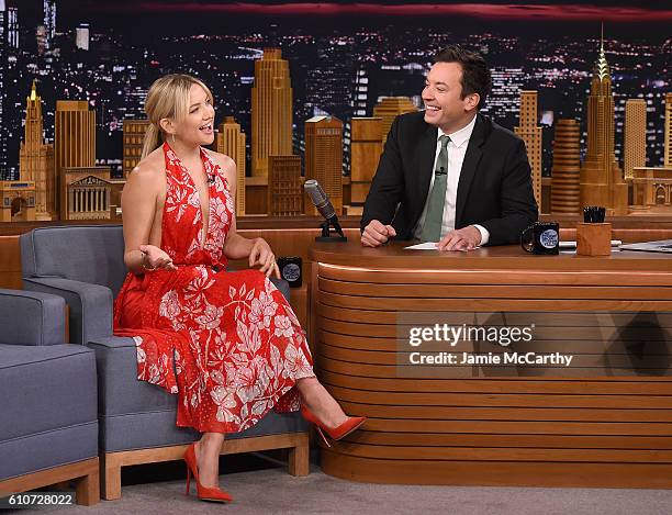 Kate Hudson and host Jimmy Fallon during a segment on the "The Tonight Show Starring Jimmy Fallon" at Rockefeller Center on September 27, 2016 in New...