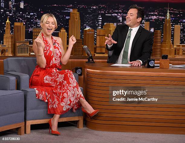 Kate Hudson and host Jimmy Fallon during a segment on the "The Tonight Show Starring Jimmy Fallon" at Rockefeller Center on September 27, 2016 in New...