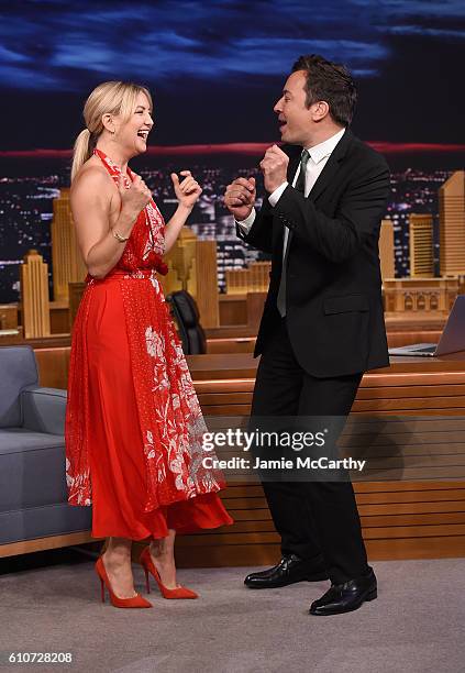 Kate Hudson and host Jimmy Fallon during a segment on the "The Tonight Show Starring Jimmy Fallon" at Rockefeller Center on September 27, 2016 in New...
