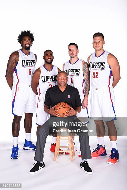 DeAndre Jordan of the Los Angeles Clippers, Chris Paul of the Los Angeles Clippers, head coach Doc Rivers of the Los Angeles Clippers, JJ Redick of...