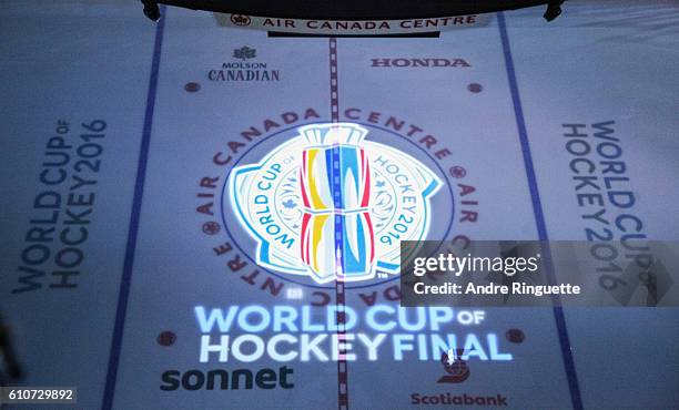 General view of the center ice logo before Game One of the World Cup of Hockey final between Team Europe and Team Canada at the Air Canada Centre on...