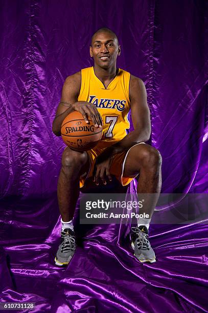Metta World Peace of the Los Angeles Lakers poses for a portrait during the 2016-2017 Los Angeles Lakers Media Day at Toyota Sports Center on...