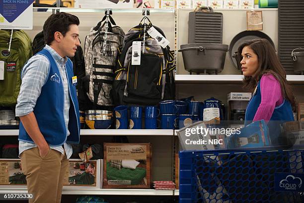 Guns, Pills, and Birds" Episode 204 -- Pictured: Ben Feldman as Jonah, America Ferrera as Amy --