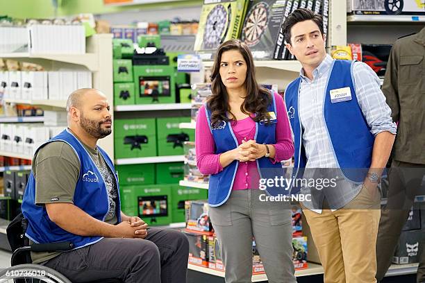 Guns, Pills, and Birds" Episode 204 -- Pictured: Colton Dunn as Garrett, America Ferrera as Amy, Ben Feldman as Jonah --