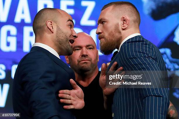 Conor McGregor and Eddie Alvarez face-off as UFC president Dana White breaks them up at the UFC 205 press conference at The Theater at Madison Square...