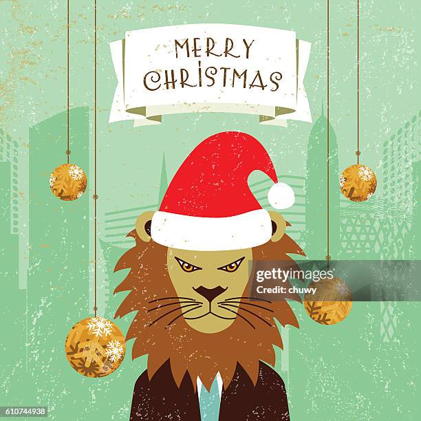 bildbanksillustrationer, clip art samt tecknat material och ikoner med christmas greeting card santa klaus hat lion businessman banner ornaments - klaus