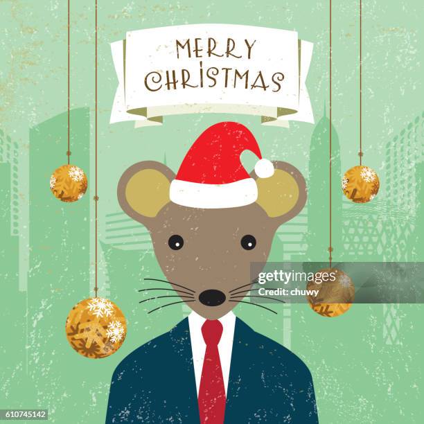 bildbanksillustrationer, clip art samt tecknat material och ikoner med christmas greeting card santa klaus hat mouse businessman banner ornaments - klaus