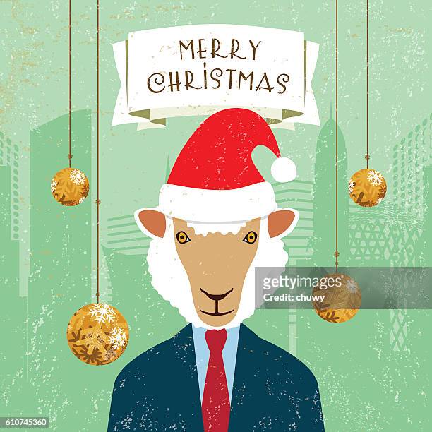 bildbanksillustrationer, clip art samt tecknat material och ikoner med christmas greeting card santa klaus hat sheep businessman banner ornaments - klaus