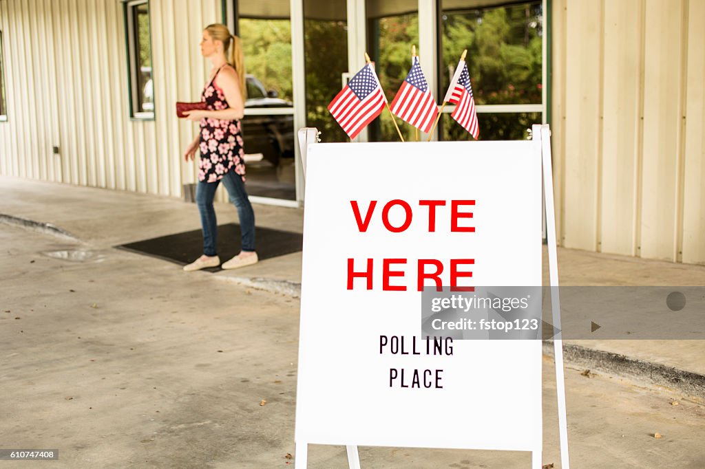 Voting sign outside local polling station during American November elections.