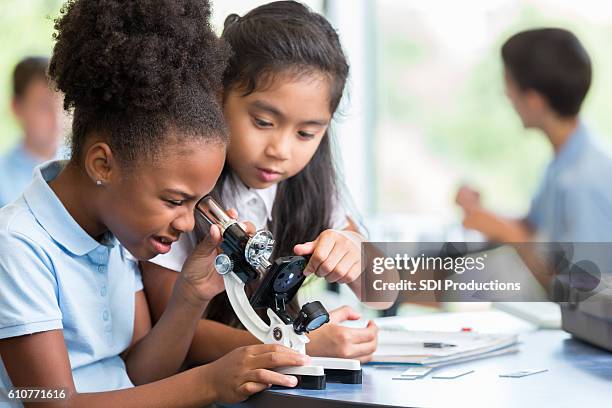 diversas colegialas trabajan juntas en un proyecto de ciencia - microscope fotografías e imágenes de stock