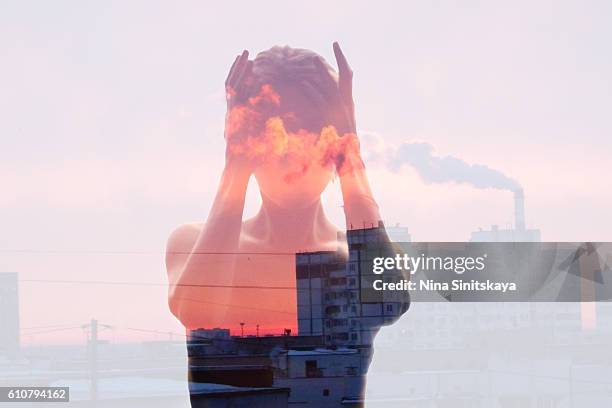 polluted city and woman's body - double exposure image - double facepalm stock pictures, royalty-free photos & images