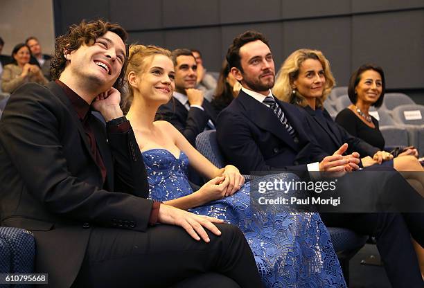 Actors Alexander Vlahos, Noemie Schmidt and George Blagden sit with Nathalie Broadhurst, Deputy Chief of Mission, Embassy of France, and Liz...